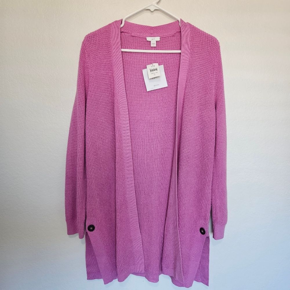 NWT J Jill | Cotton Waffle Knit Textured Long Cardigan Pink Saphire Small